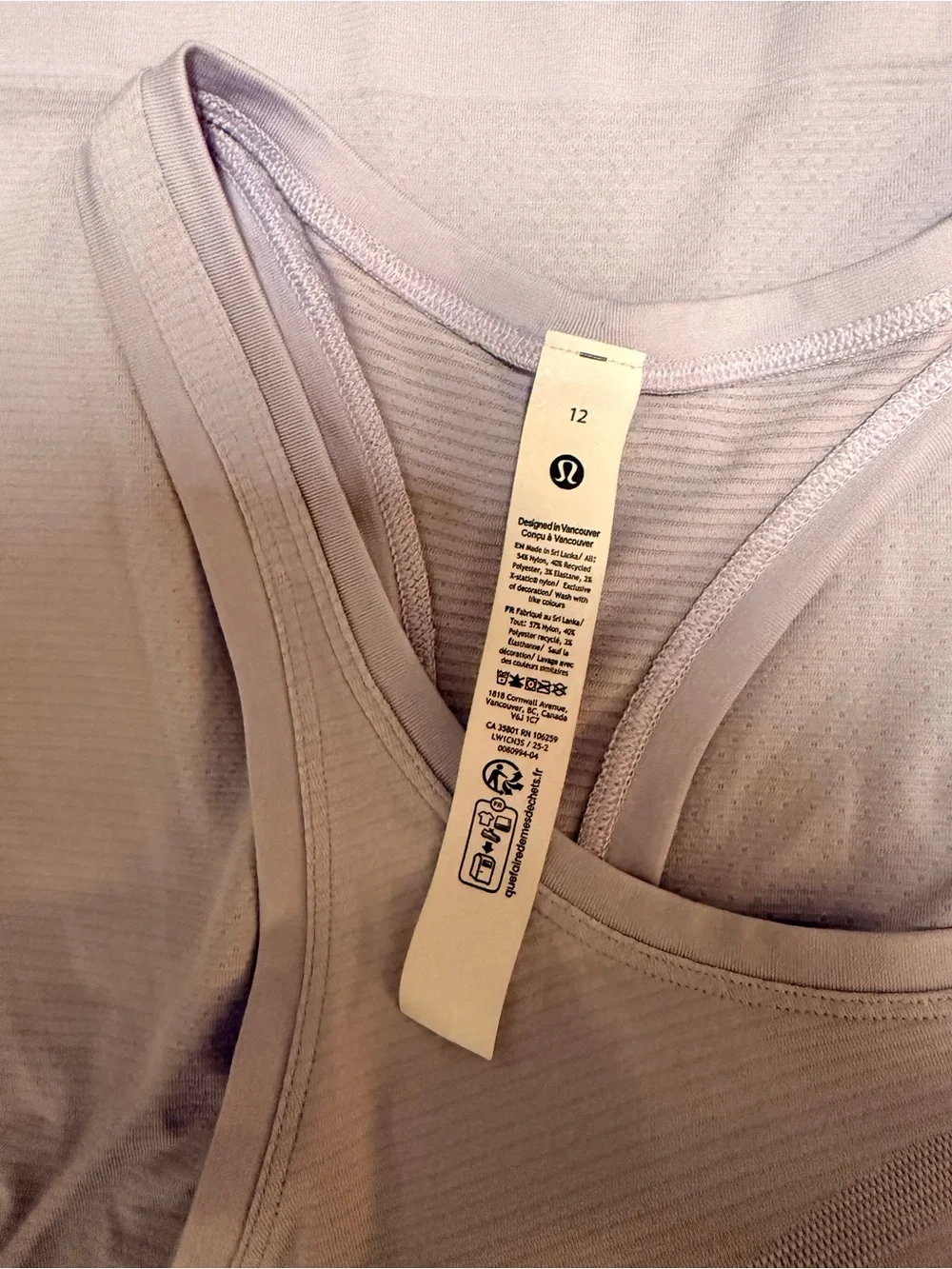 Lululemon Pale Lavender Racerback Tank- Size 12